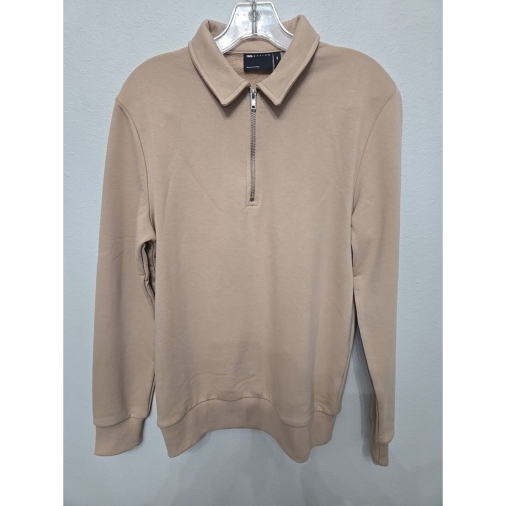 ASOS DESIGN Men 2XS Beige Pullover Sweater Collar Zip Cotton Polyest Long Sleeve